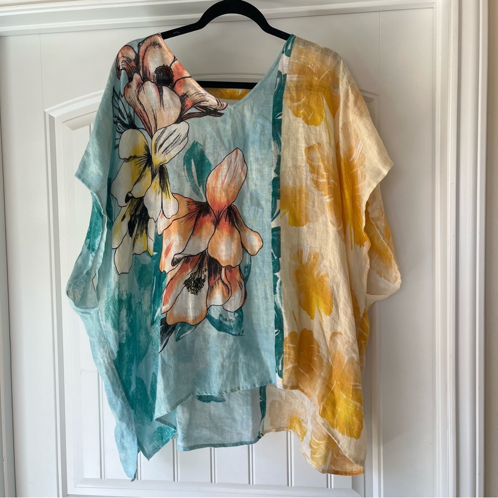 Chico’s floral linen top blouse poncho coverup tropical size L/XL flowy boho